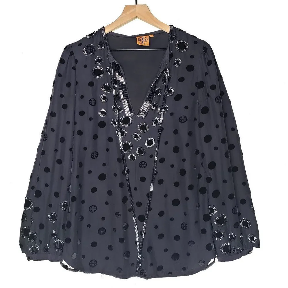 Tory Burch Angela Beaded Velvet Dot Sheer Blouse Long‎ Sleeve Lined 8 - FLAWED